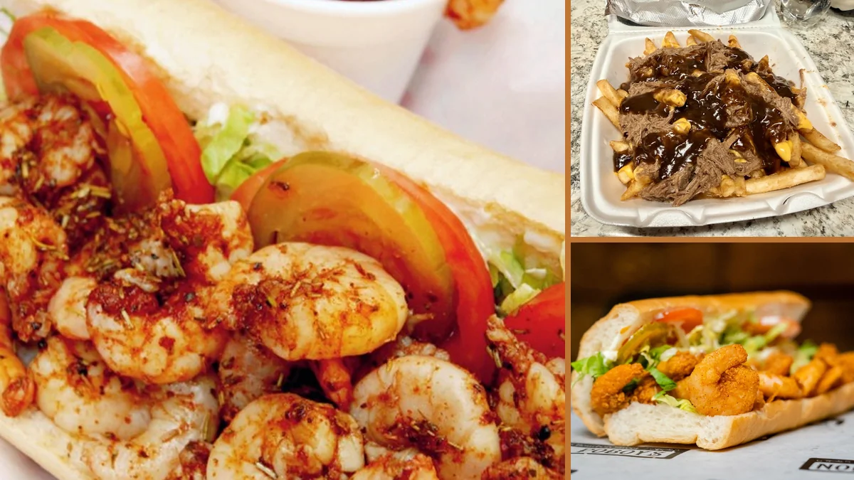 Po'boys and sides on a simple tray.