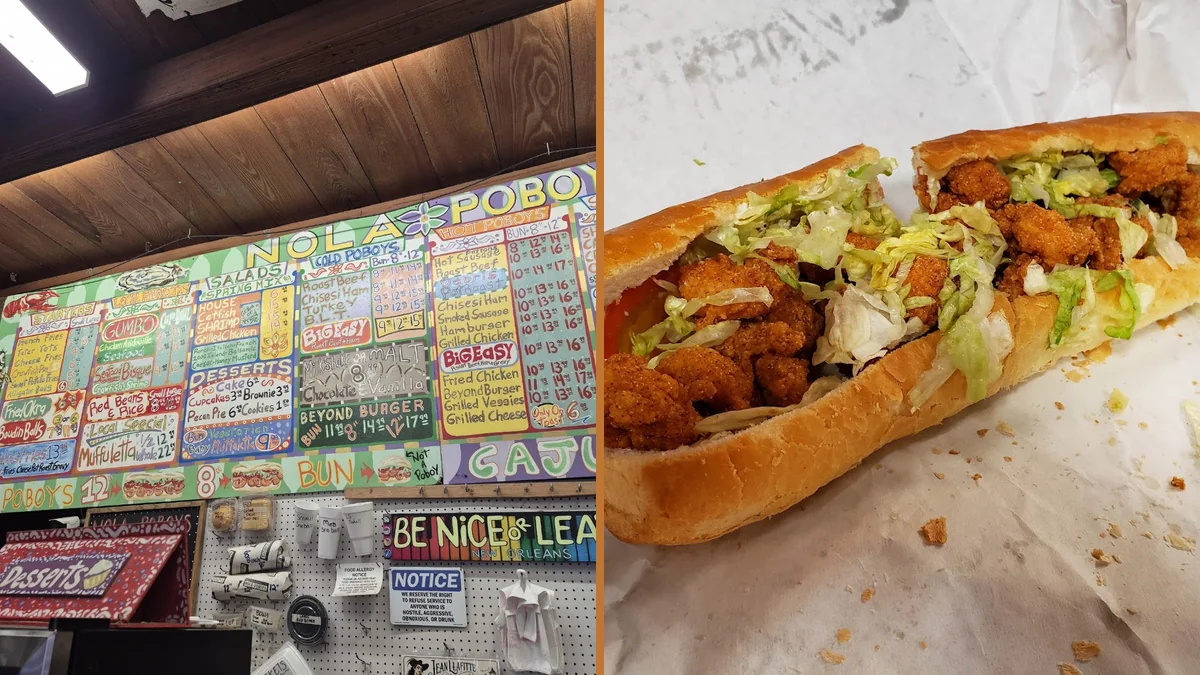 Po'boys and sides on a simple tray.